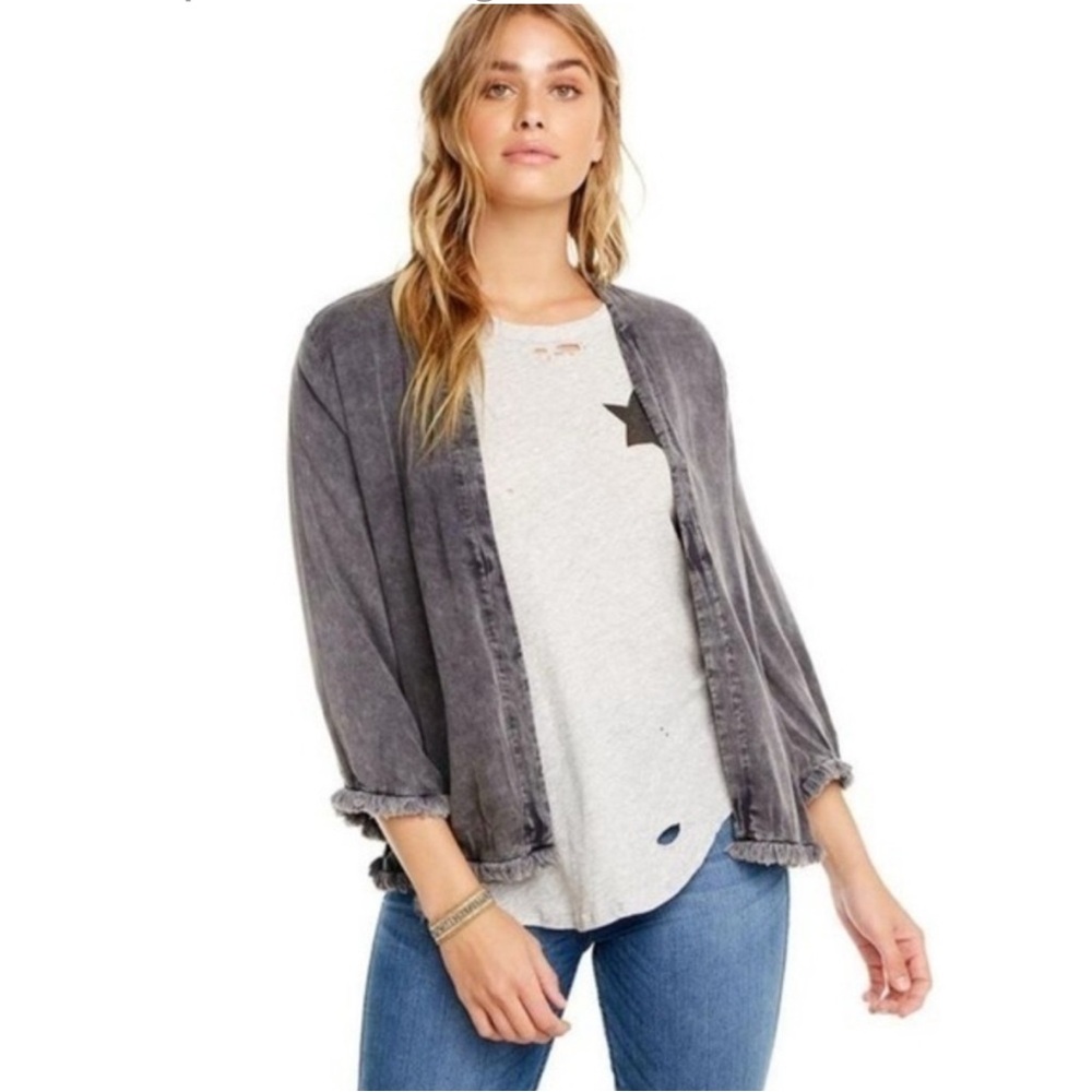 Chaser Black Cloud Wash Boho Fringe Open Front  Lightweight Kimono‎ Jacket NWT L